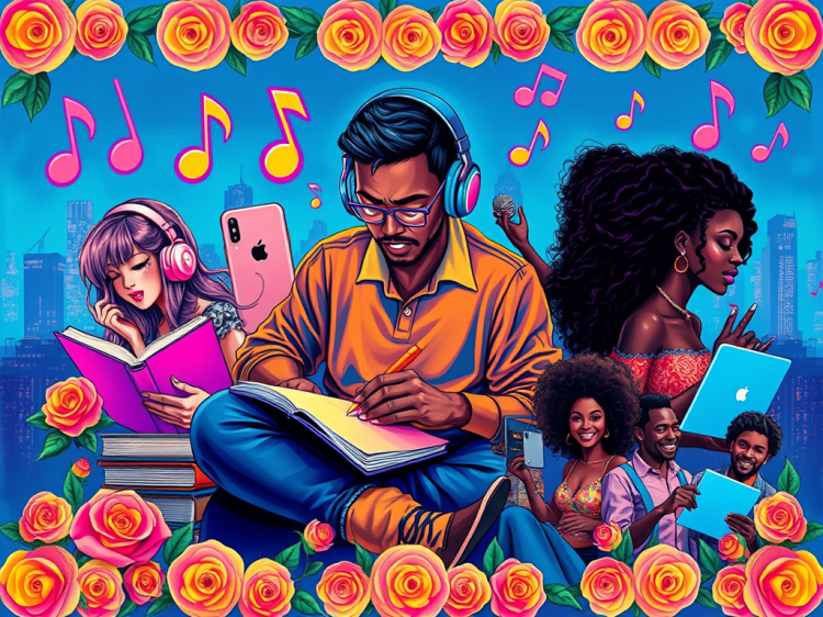 A vibrant digital illustration featuring a group of diverse people engaging in various activities related to music and technology. A man with glasses is writing in a notebook while wearing headphones, a woman with pink headphones is listening and reading a book, and two others are using tablets. The background includes musical notes and a city skyline, all framed by colorful roses. AI generated.