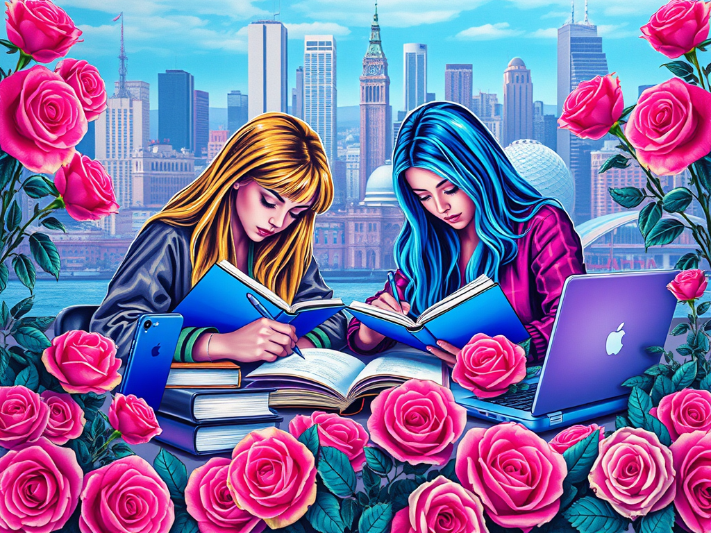 Two young women studying with books and a laptop, surrounded by pink roses and a city skyline in the background. AI generated.