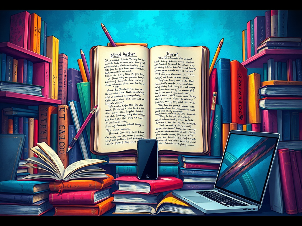 A scene featuring a large open journal filled with handwritten text, surrounded by a colorful array of books stacked on shelves. In the foreground, there are several closed books and an open book displaying its pages. A smartphone and a laptop are also visible on the table, indicating a blend of traditional and digital media. AI generated.