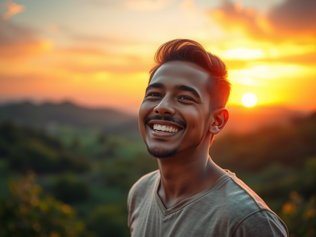A smiling man stands outdoors during sunset, with vibrant orange and yellow hues in the sky and green hills in the background. The imagery describes the end result of therapeutic journaling, which is good health.