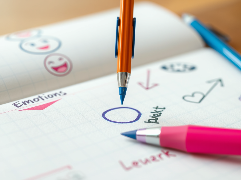 A close-up of a notebook page with doodles, including smiley faces and the word 'Emotions', featuring colorful pens. The imagery that defines writing emotions on paper.