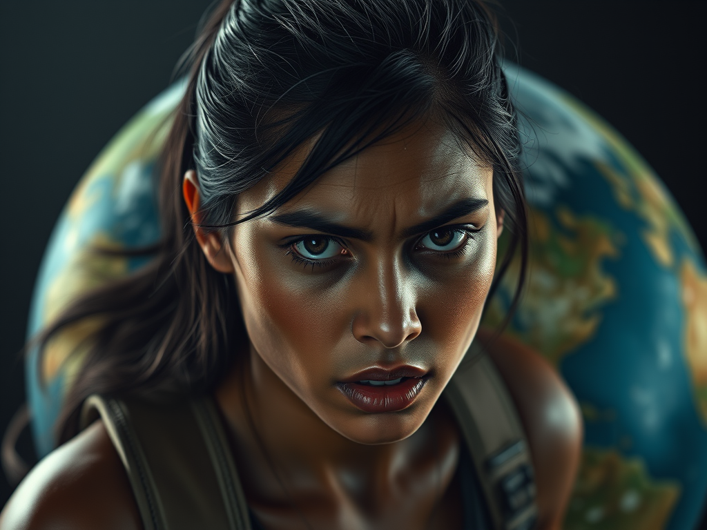 A close-up of a determined young woman with long dark hair, looking intensely at the camera, with a globe in the background. Imagery for phrase the weight of an unjust world on your shoulders.