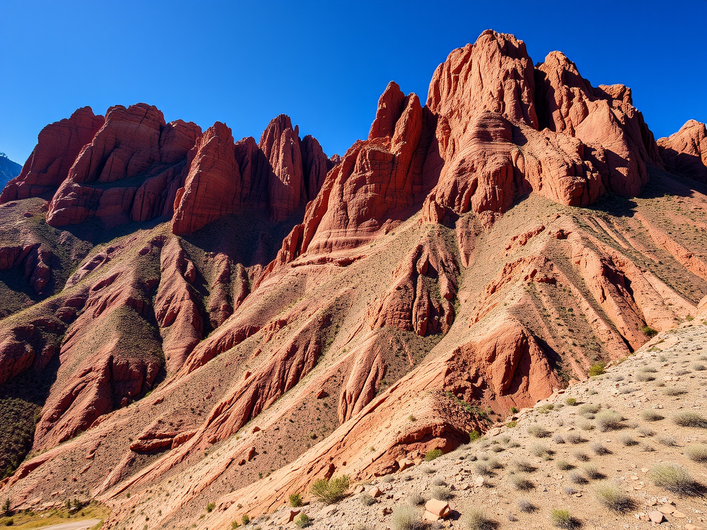 A view of rugged red rock formations against a clear blue sky, showcasing dramatic ridges and layered textures in the landscape.