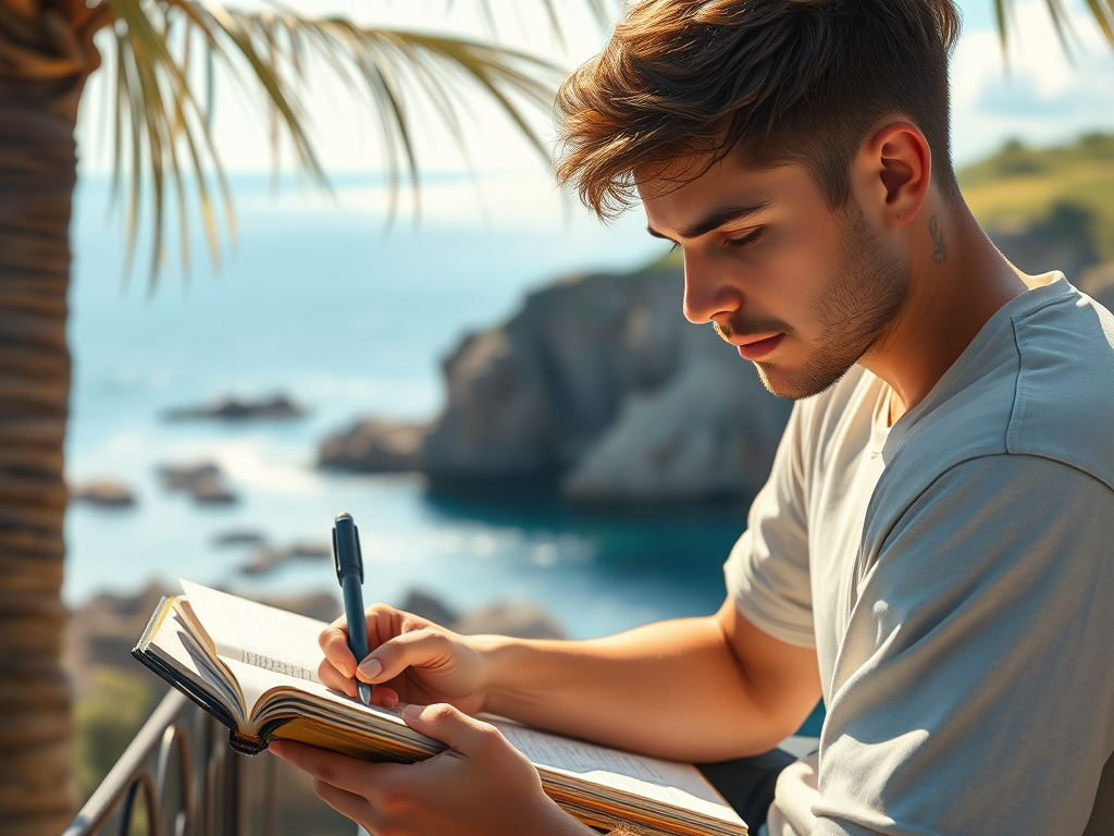 A young man sitting on a balcony by the sea, writing in an open notebook with a pen, palm trees in the background.