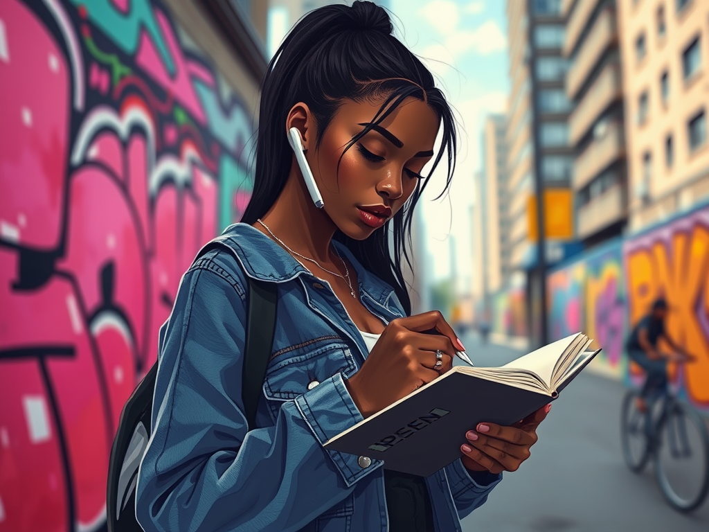 A young woman wearing wireless earbuds writes in a notebook while standing in front of a colorful graffiti mural in an urban setting.