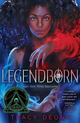 Book cover of 'Legendborn' by Tracy Deonn featuring a young Black woman with curly hair and glowing blue and red magical energy, alongside a symbol at the bottom.