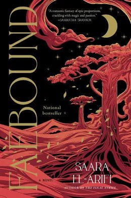 Book cover of 'Fae Bound' by Saara El-Arifi featuring a vibrant red tree against a dark background, with a crescent moon and decorative text.