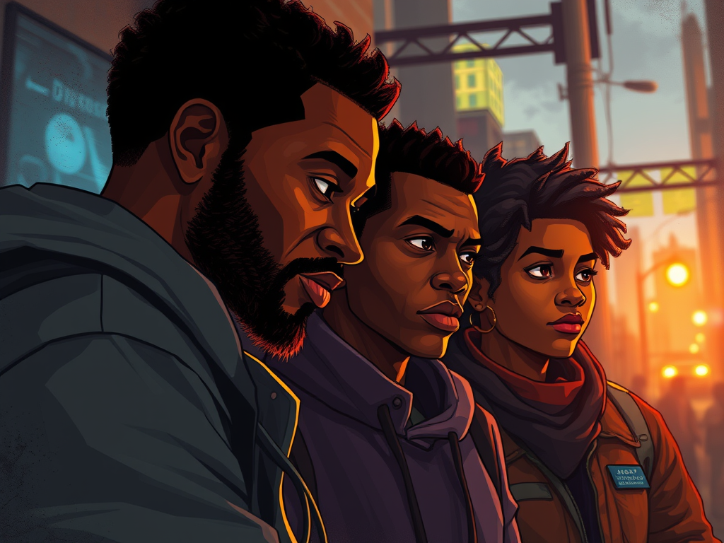 A close-up illustration of three friends, two men and one woman, standing together with serious expressions in an urban setting during sunset. AI generated.