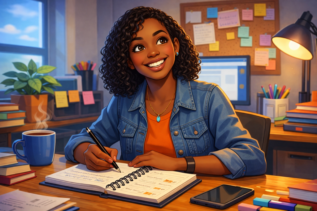 Young woman writing in a notebook at desk with books and coffee