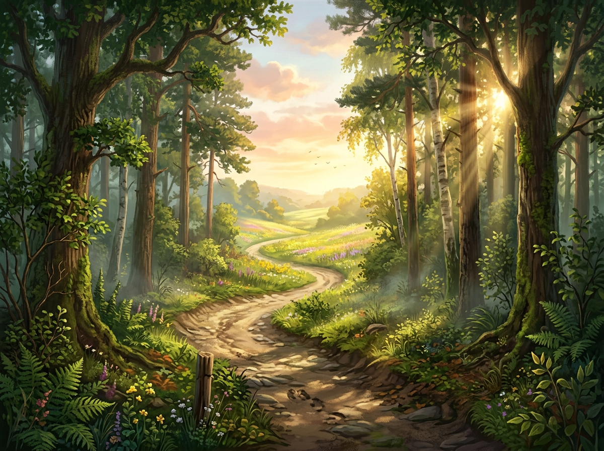 A winding dirt path through a forest with sun rays and wildflowers