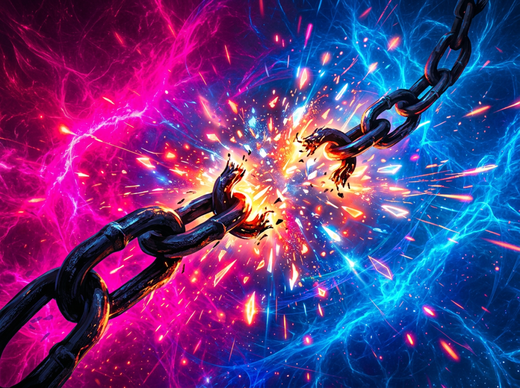 Metal chain breaking with sparks and glowing fragments