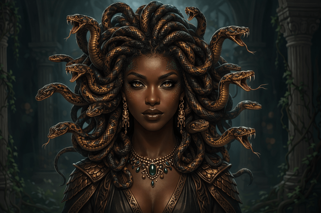 Medusa with multiple snakes for hair and glowing eyes